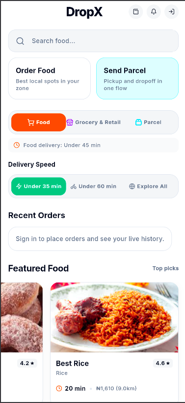 DropX customer app home screen showing food, retail, parcel, and featured food options